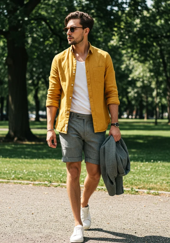 Mustard linen shirt with grey shorts and sneakers outfit idea