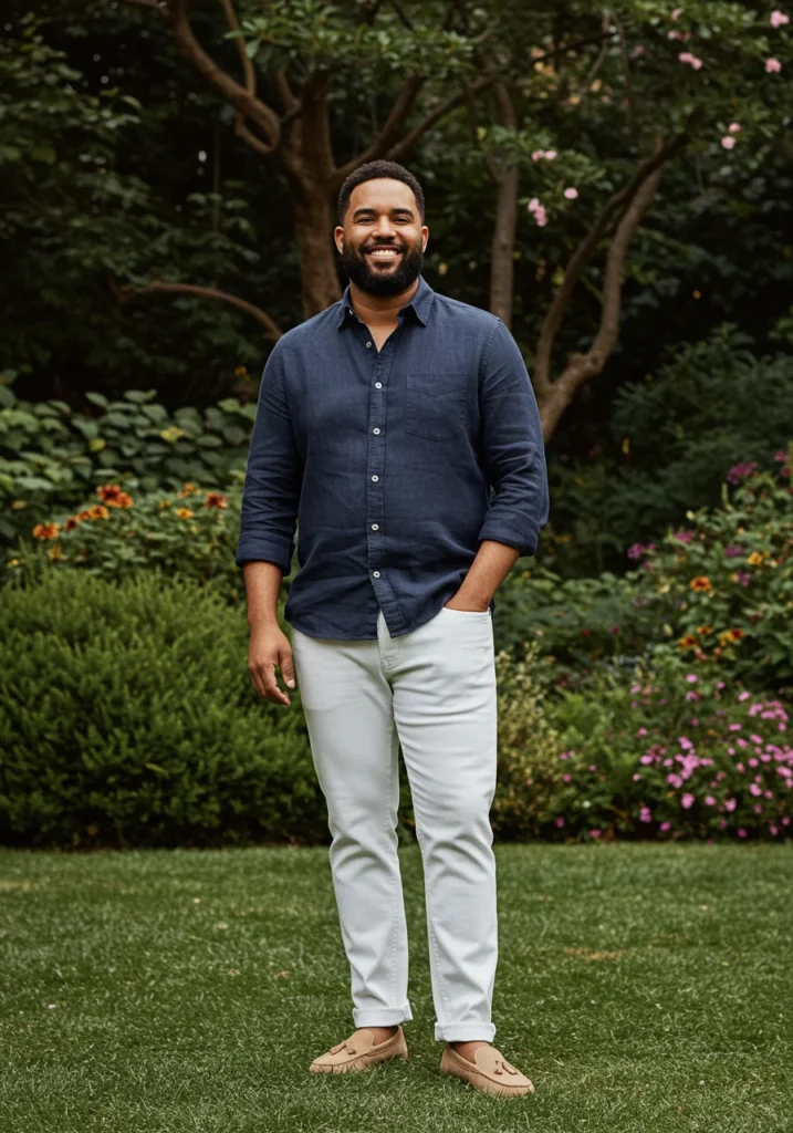 Navy linen shirt with white jeans and suede loafers styled for men