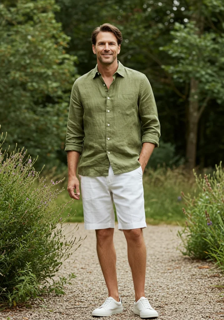Olive green linen shirt with white shorts and sneakers summer outfit