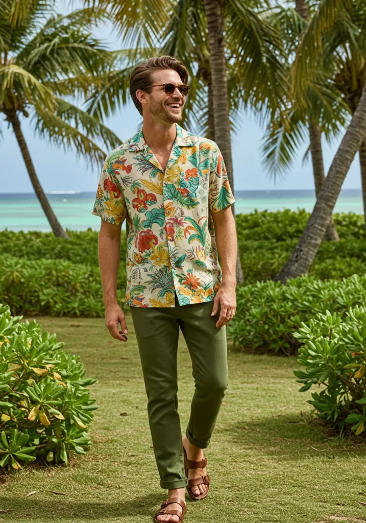 man in olive linen pants and Cuban collar shirt with sunglasses in tropical location