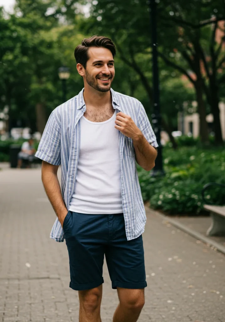 Layered summer outfit with button-up, tank top, and chino shorts for men.