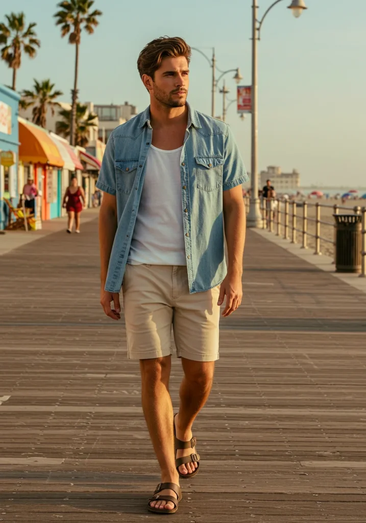 Layered summer outfit with open shirt over tank and relaxed shorts.