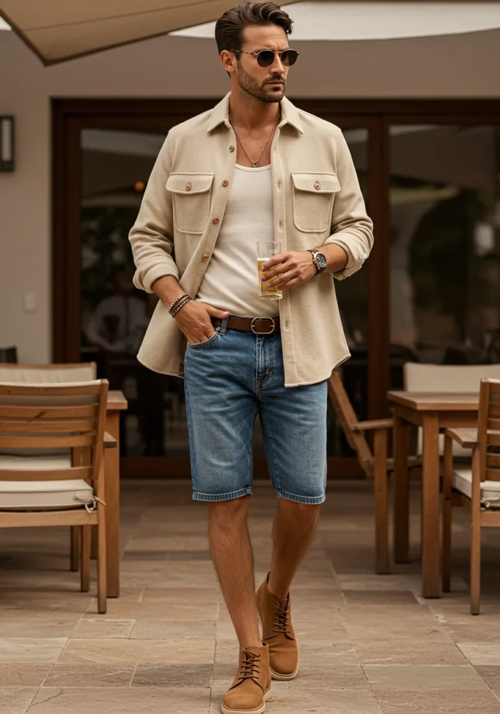 Man layering an overshirt with denim Bermuda shorts for a transitional summer look