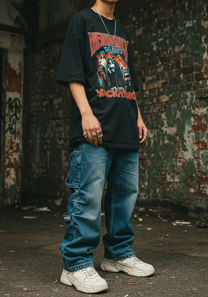 Man in a band tee and vintage baggy jorts styled with chunky sneakers and accessories.