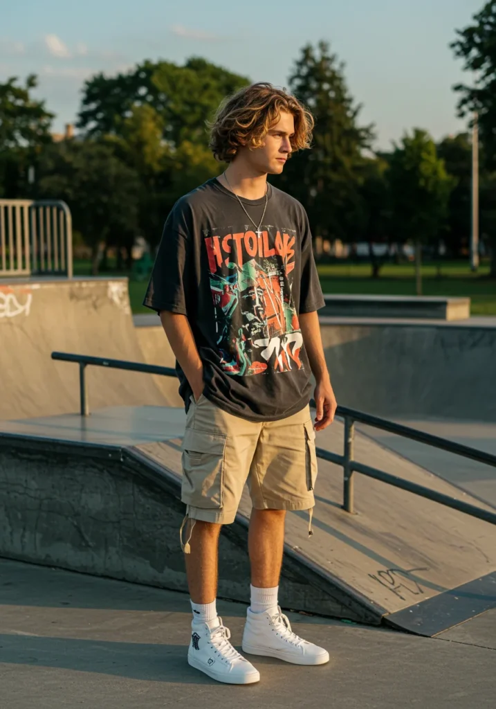 Oversized graphic tee and cargo shorts streetwear style