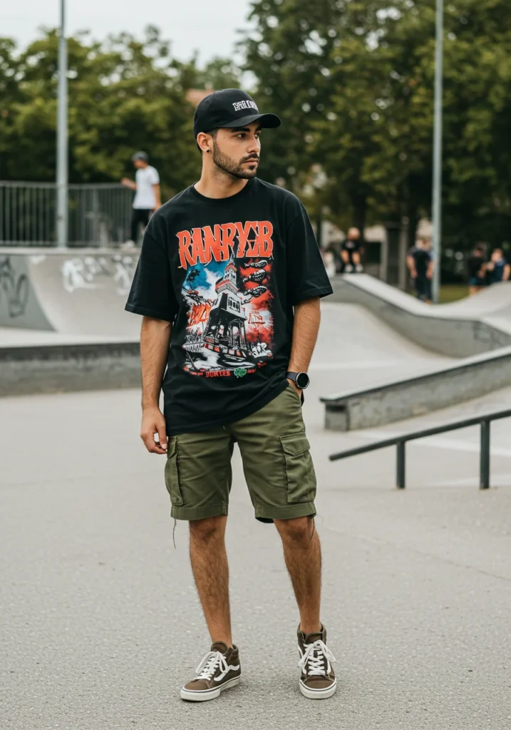 Oversized graphic T-shirt and cargo shorts outfit for casual streetwear look.