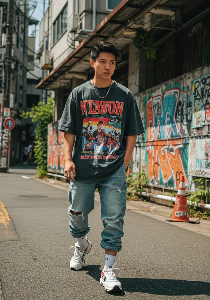 Man wearing a graphic tee and distressed baggy jorts with sneakers for a relaxed summer streetwear vibe.