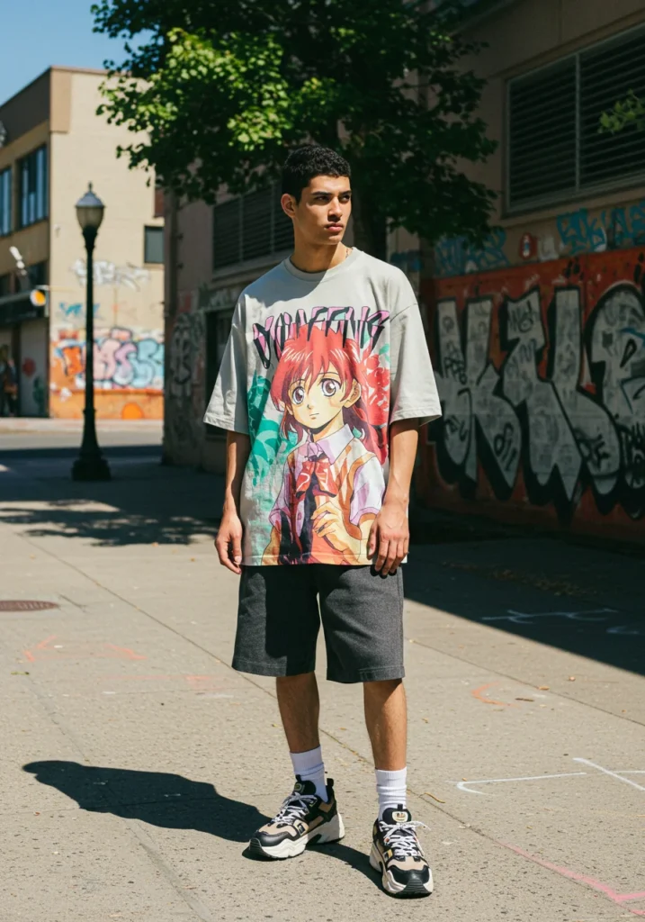 Man in oversized graphic tee and summer streetwear outfit standing on city street.