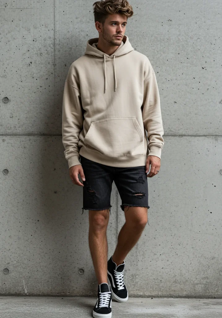 Casual men’s look with oversized hoodie and black jean shorts with sneakers