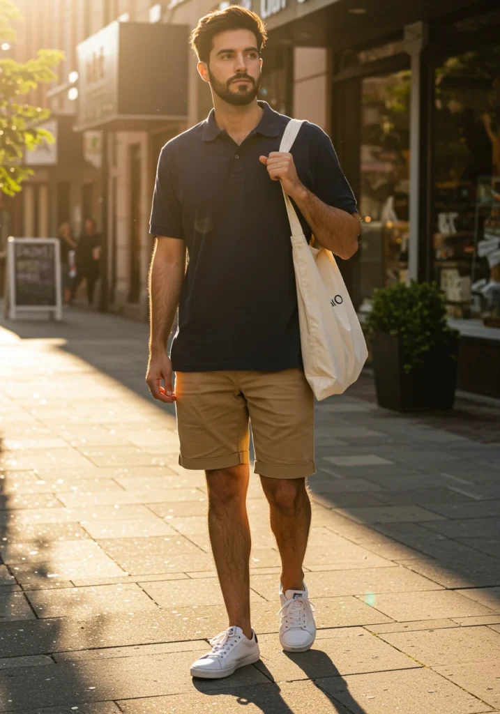 Man in oversized navy polo and tan chino shorts, relaxed summer outfit