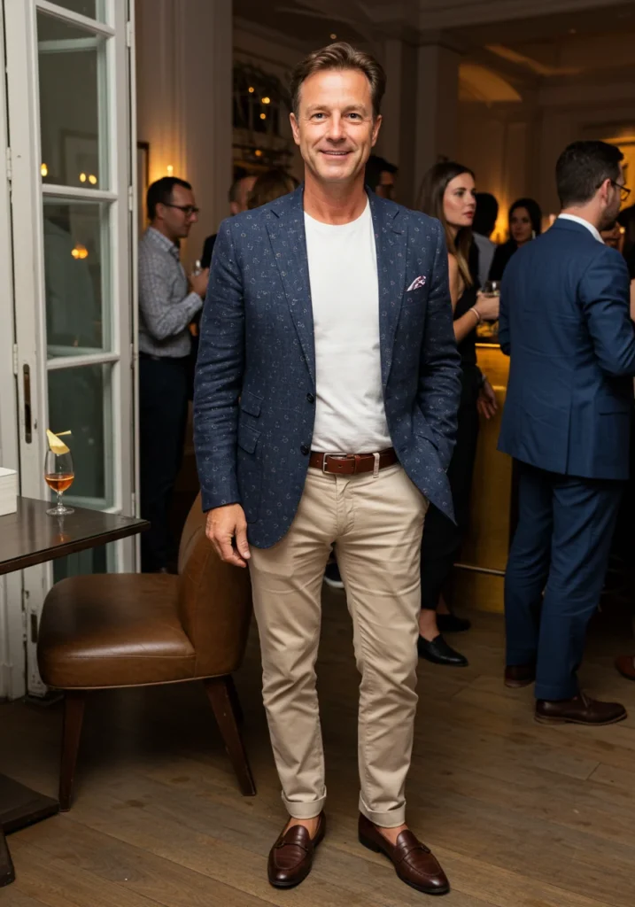 Patterned blazer and beige trousers worn as men’s cocktail outfit.