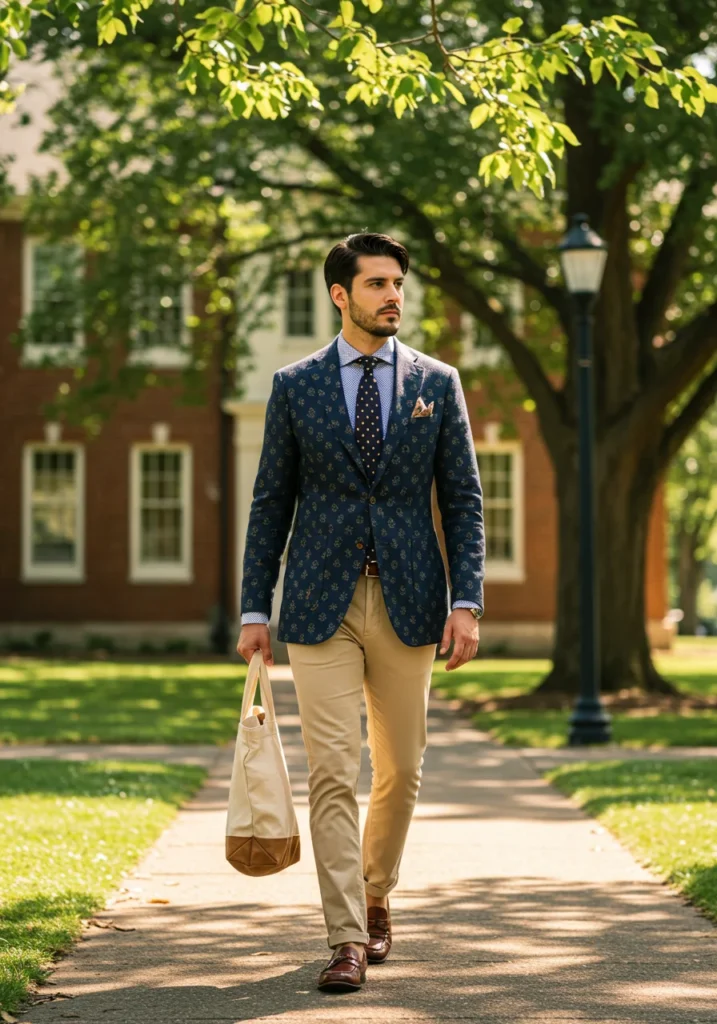 Male graduate in patterned blazer and beige pants outfit.