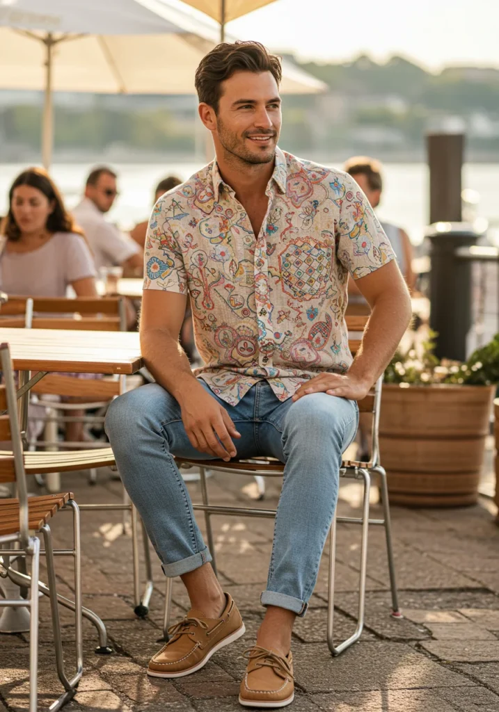 Patterned linen shirt with jeans and boat shoes outfit for men