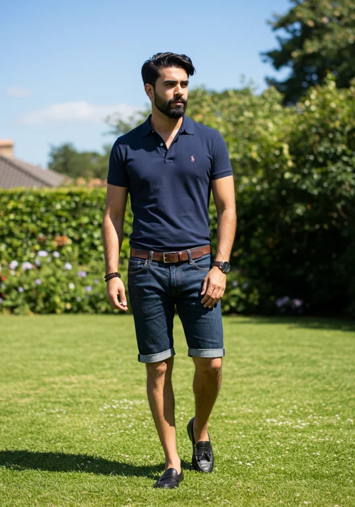 Man in navy polo and dark denim Bermuda shorts styled smart casual