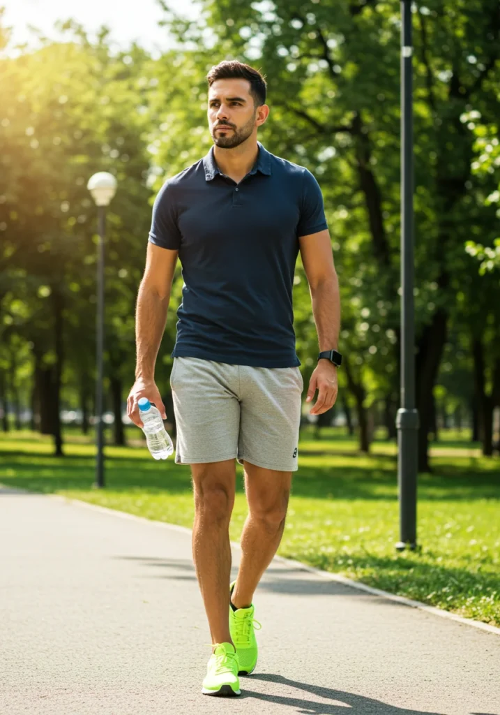 Man styling grey athletic shorts with a navy polo and sneakers for an active casual look.