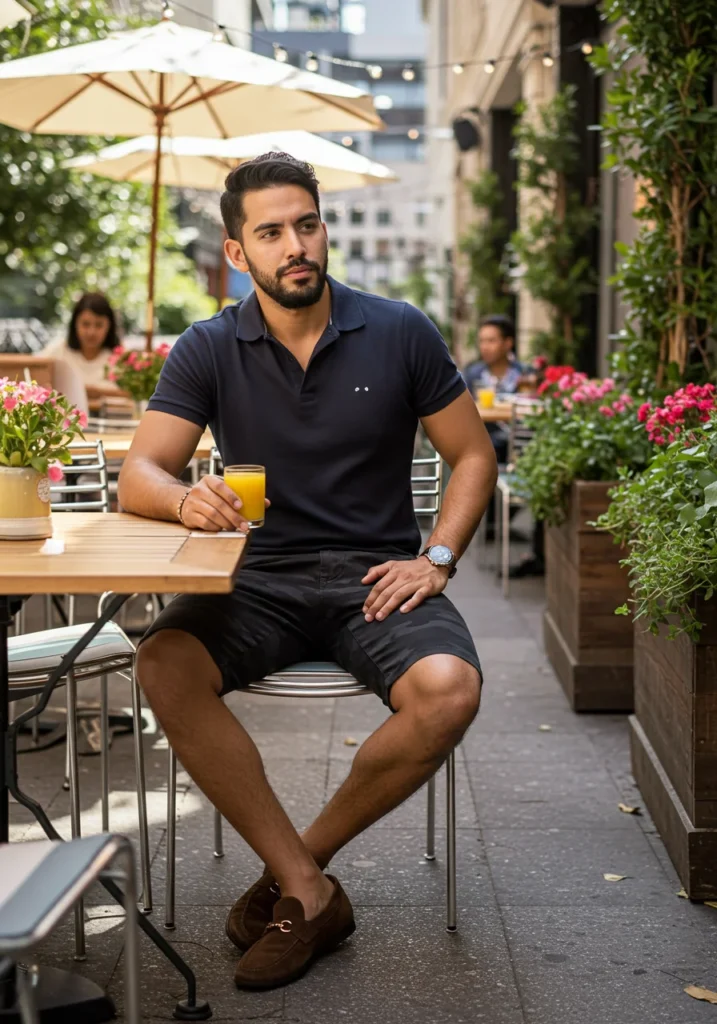 Smart-casual camo shorts outfit with navy polo and loafers