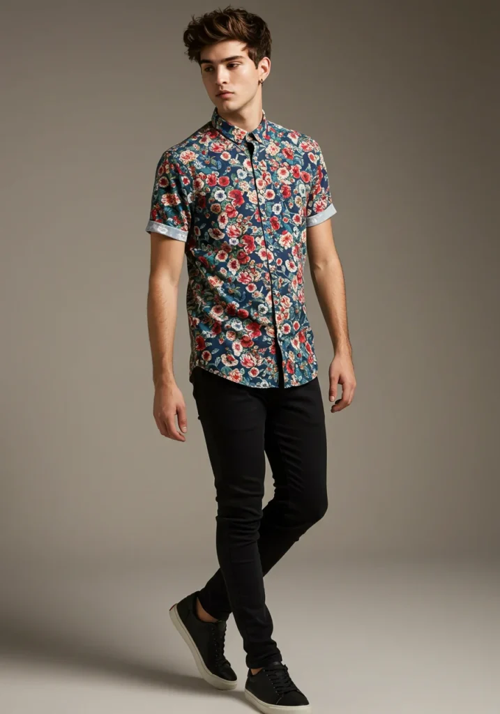 Man in printed shirt and black jeans at a pop concert.