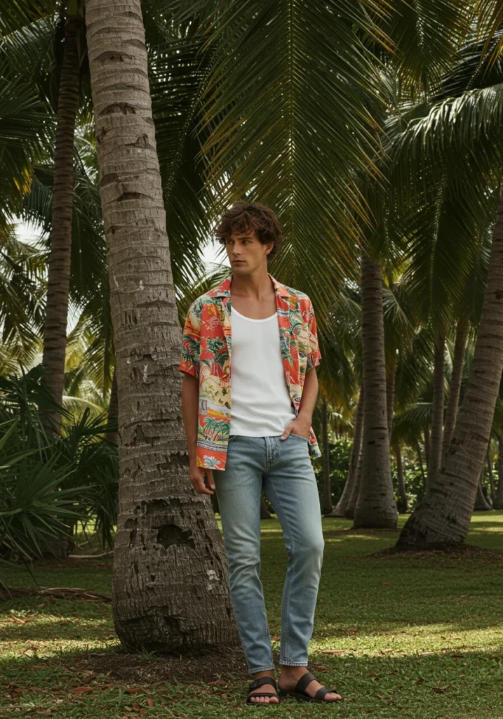 Man in printed short-sleeve shirt with light denim jeans and sandals for summer
