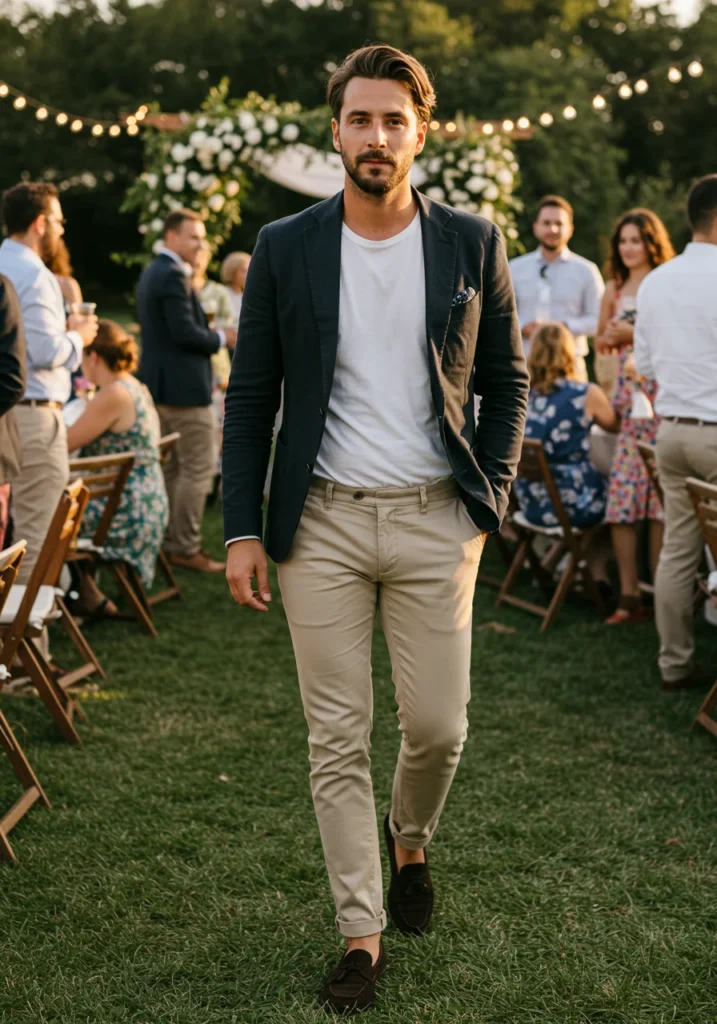 Man in smart-casual blazer and trousers outfit for summer wedding.
