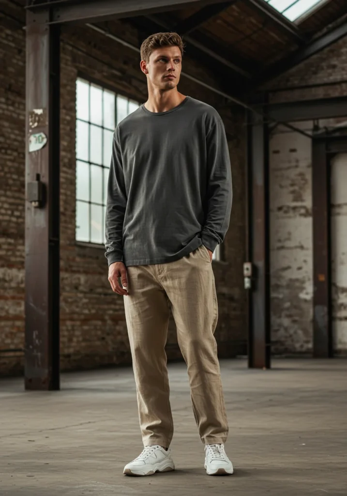 man in relaxed linen pants and oversized t-shirt with sneakers in modern summer fashion
