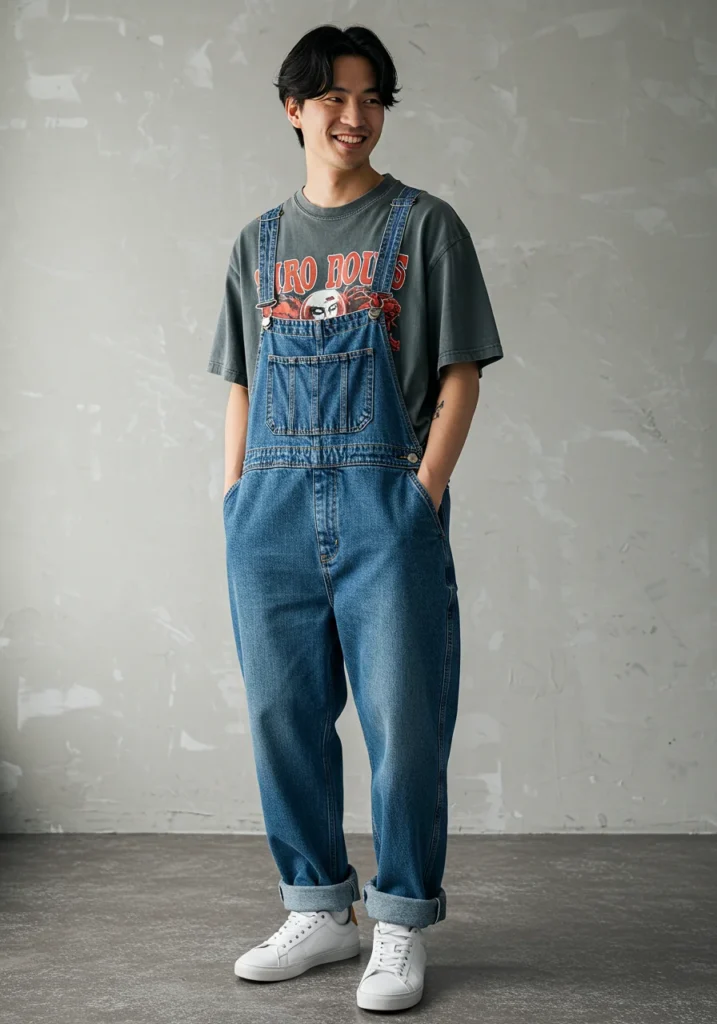 Casual streetwear look for men with oversized jorts, graphic tee, and white sneakers.