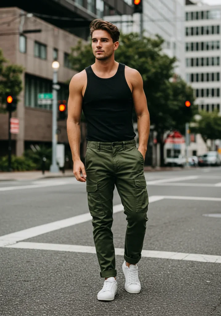 Man in black tank top and olive utility pants for a casual summer look.