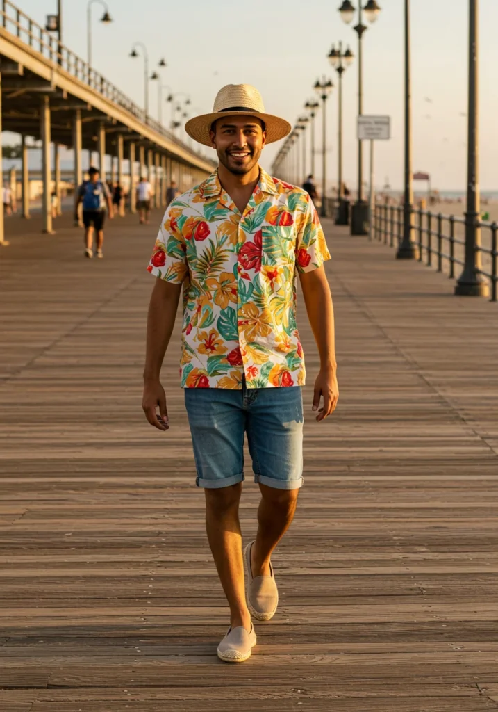 Man in floral resort shirt and distressed Bermuda shorts styled for vacation