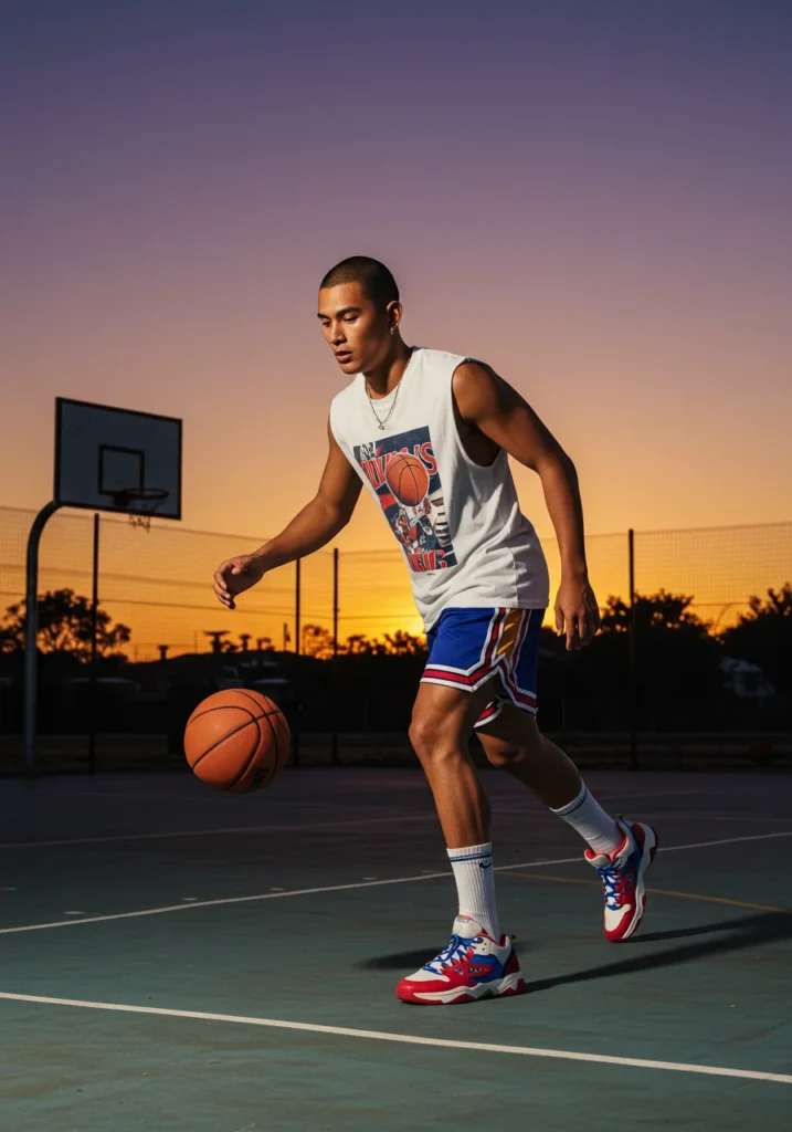 Man in 90s-style basketball shorts and high socks on outdoor court.