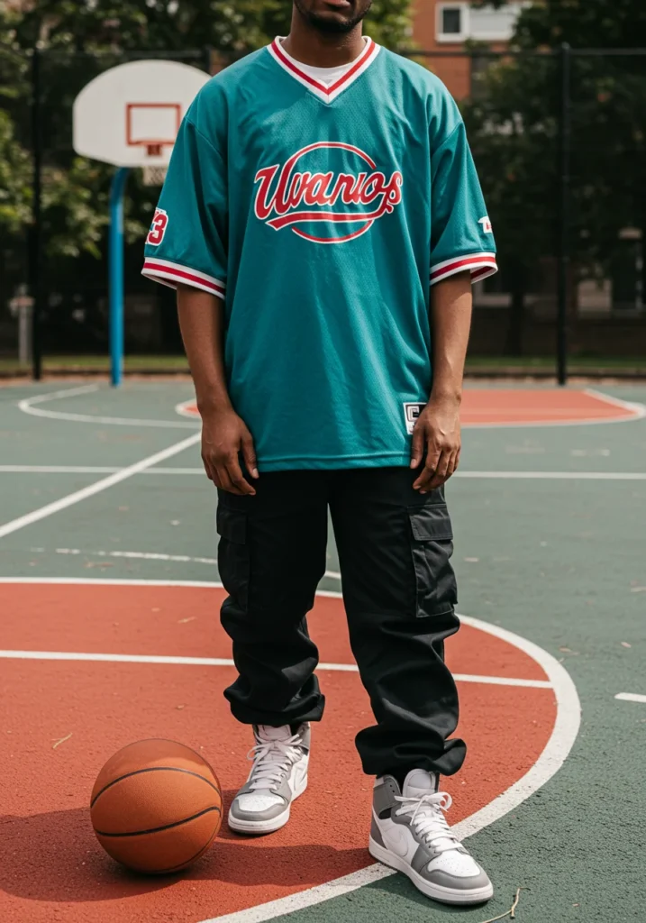 Man wearing a vintage jersey with baggy jorts and retro sneakers for a sporty throwback outfit.