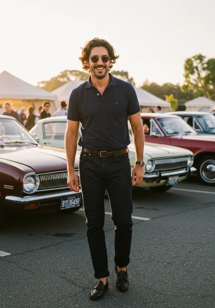Man in vintage polo and jeans at a retro-themed concert.