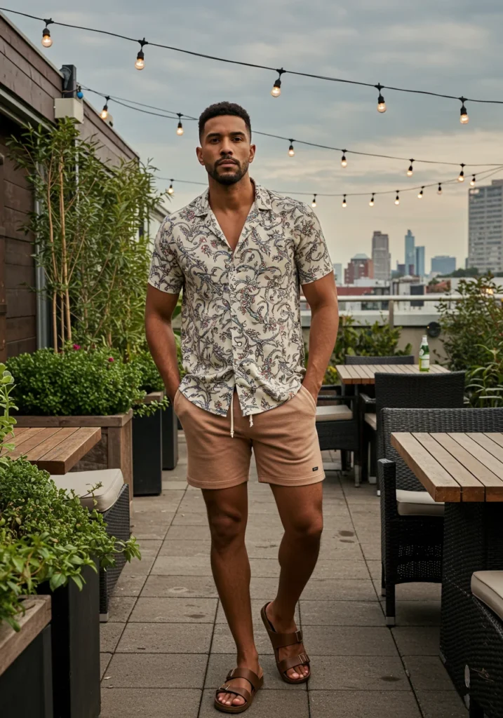 Man wearing patterned short-sleeve shirt with drawstring shorts for a relaxed summer outfit.