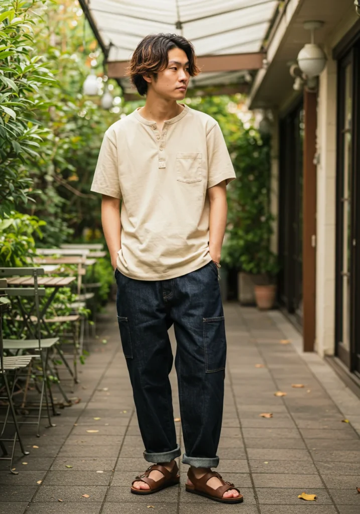 Man in short-sleeve Henley with baggy jorts and sandals for a relaxed and mature summer look.
