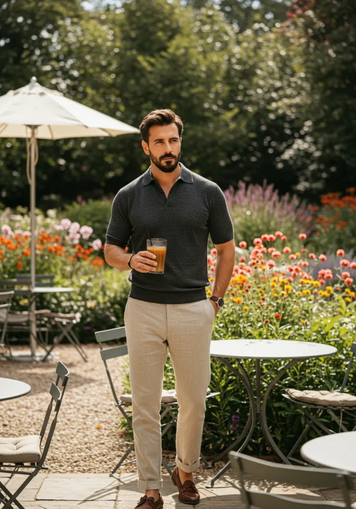 Sophisticated summer outfit with knit polo and linen trousers.