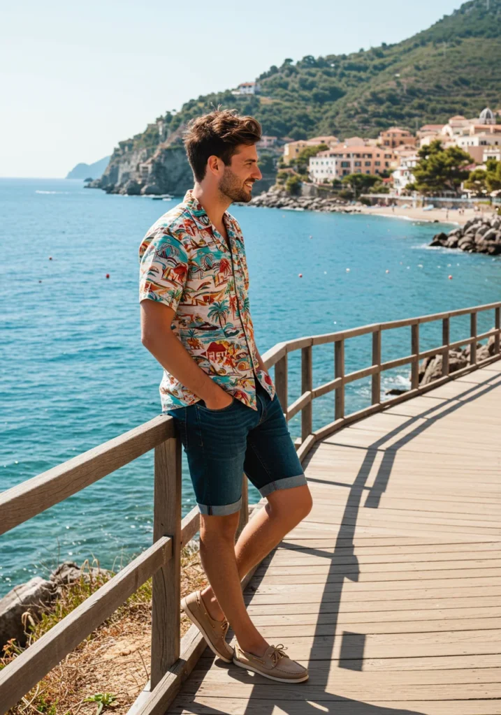 Man in printed camp shirt and dark jean shorts, coastal summer outfit
