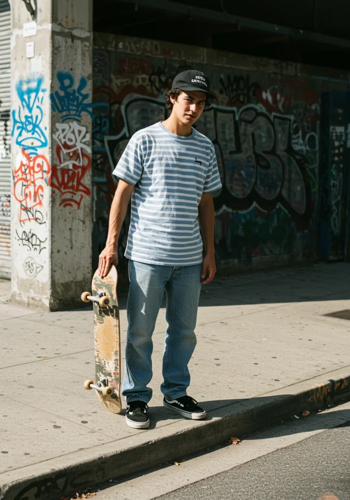Skater-inspired streetwear look with striped tee and baggy jeans.