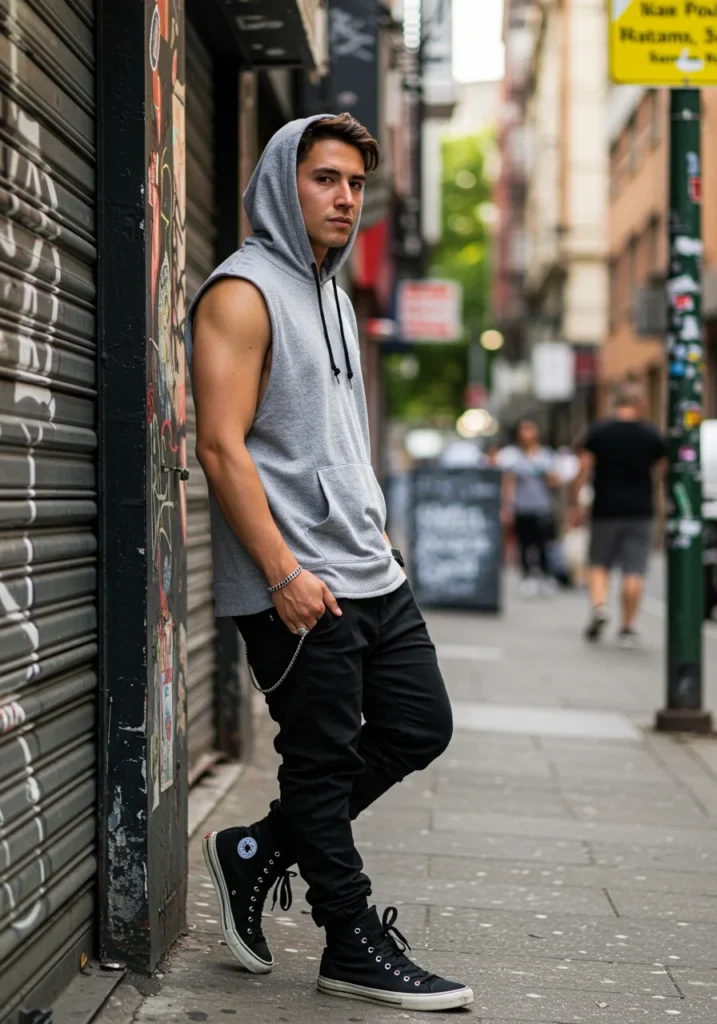 Man in sleeveless hoodie and black baggy jorts styled with high-top sneakers for a sporty street look.
