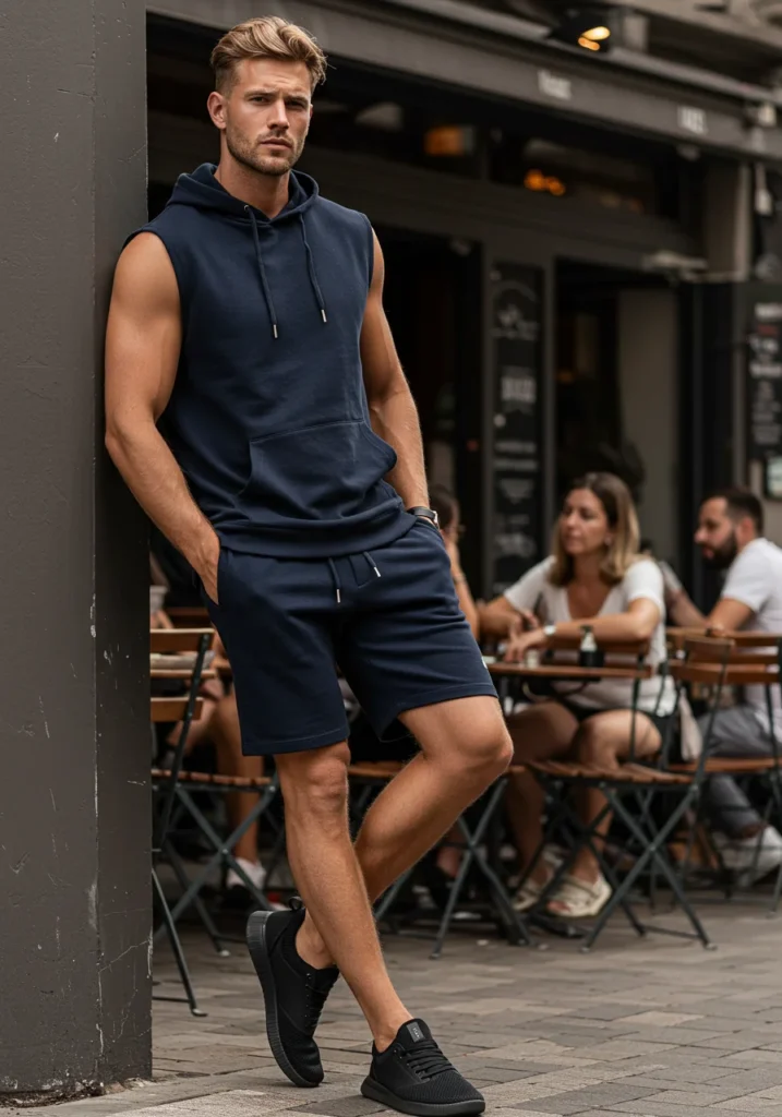 Man wearing sleeveless hoodie and jogger shorts for modern masculine summer streetwear.