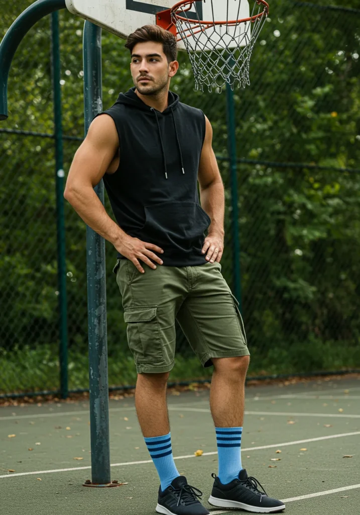 Summer streetwear with sleeveless hoodie and sporty shorts.