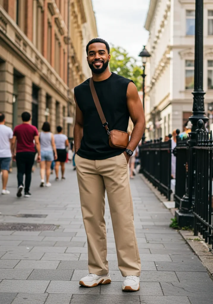Man wearing sleeveless black tee and beige relaxed trousers in a city summer look