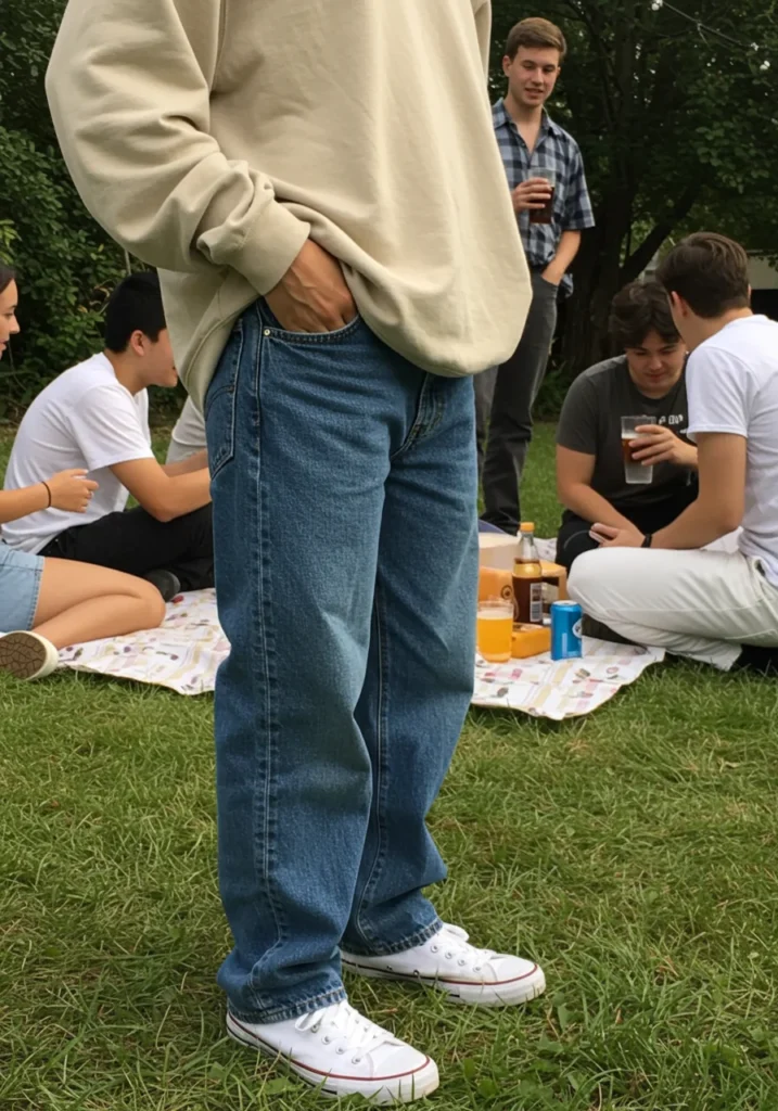 Man wearing a slouchy sweatshirt and cut-off jorts for a cozy, laid-back summer outfit.