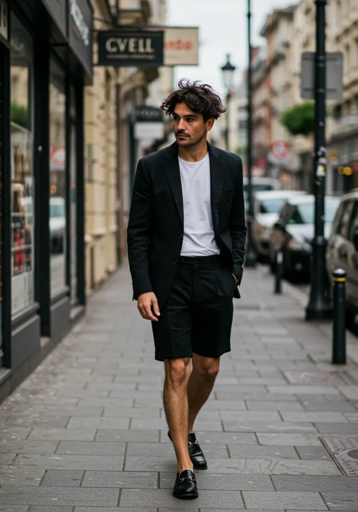 Smart casual men’s outfit with black shorts and blazer