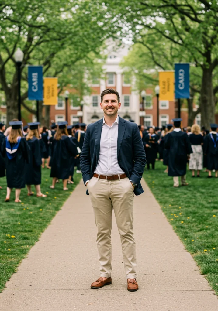 Graduate in chinos, navy blazer, and white shirt for smart-casual graduation outfit.