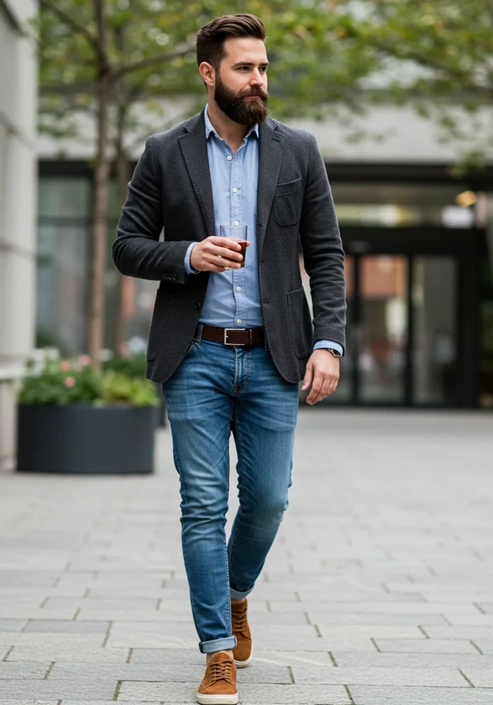 Smart-casual jorts outfit for men with tailored blazer and button-up shirt.