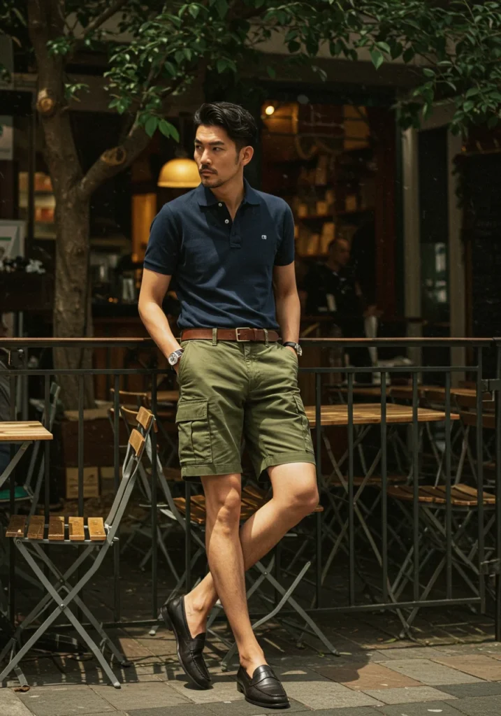 Smart casual outfit with olive cargo shorts and navy polo.