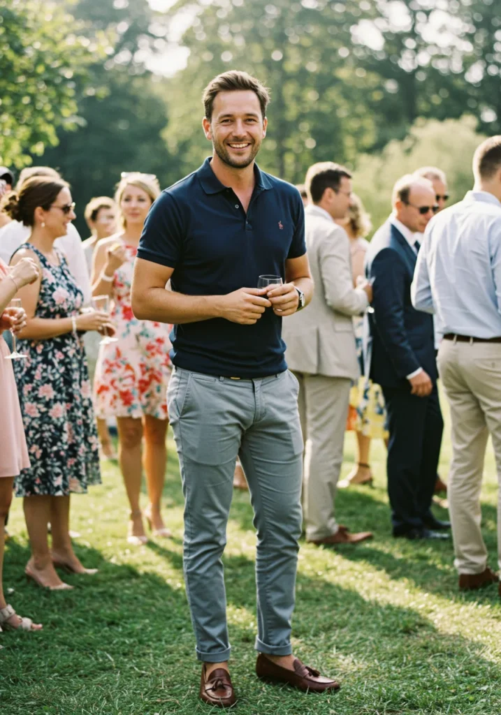 Man wearing polo shirt and trousers at casual summer wedding.