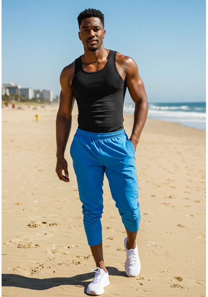 Sporty summer jorts outfit for men with tank top and sneakers.