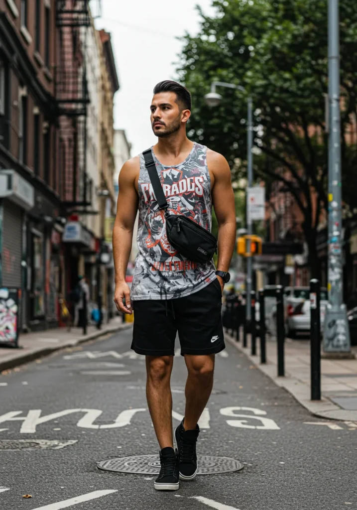Sporty streetwear outfit with black shorts, tank top, and sneakers