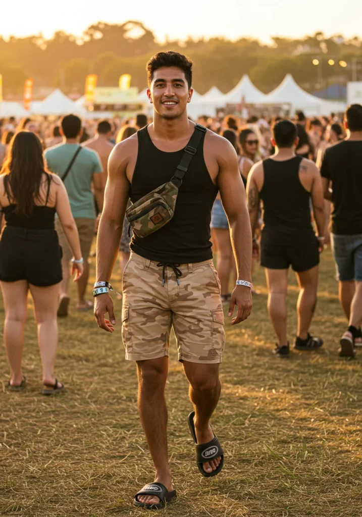 Casual summer look featuring camo shorts, muscle tank, and slides