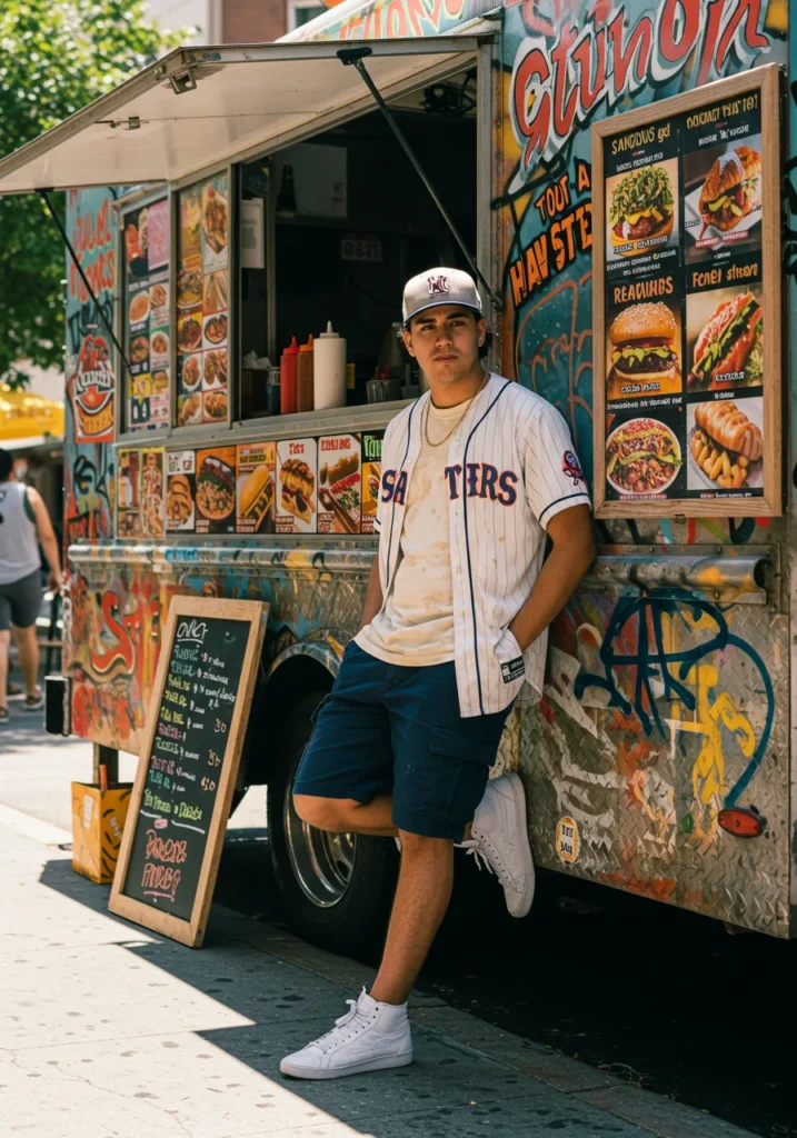 Casual sporty outfit with navy cargo shorts and jersey.