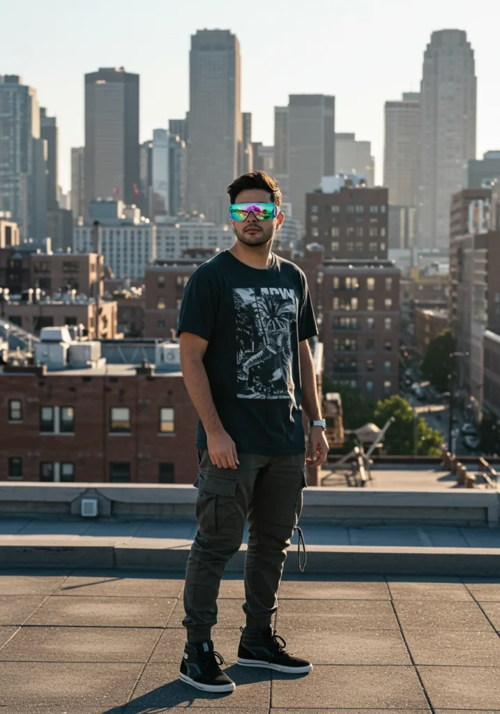 Man wearing wraparound statement sunglasses and streetwear on rooftop.